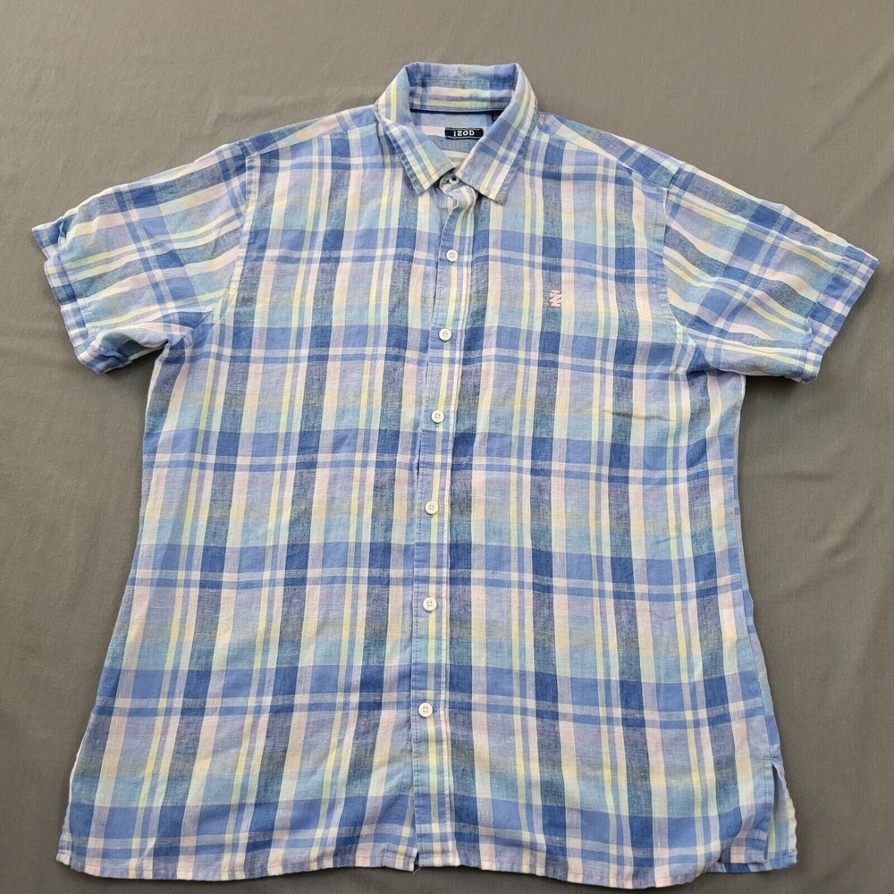 IZOD Mens Large Blue Plaid Linen Blend Short Sleeve Button‎ Down Shirt Casual